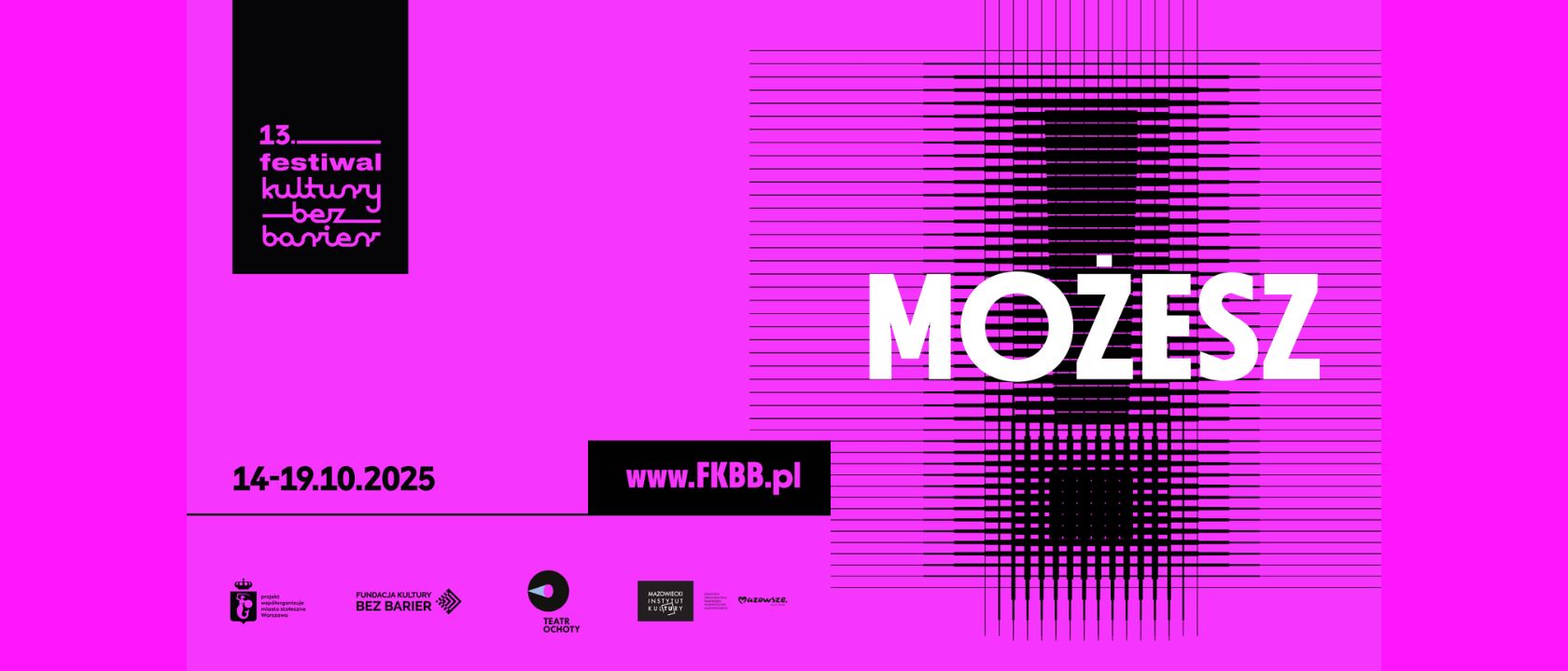 Plakat Festiwalu Kultury bez Barier. Tło w intensywnie różowym kolorze. Na środku czarny wykrzyknik, zbudowany z gęstych, cienkich linii. Na wykrzyknik centralnie nałożony duży biały napis: możesz