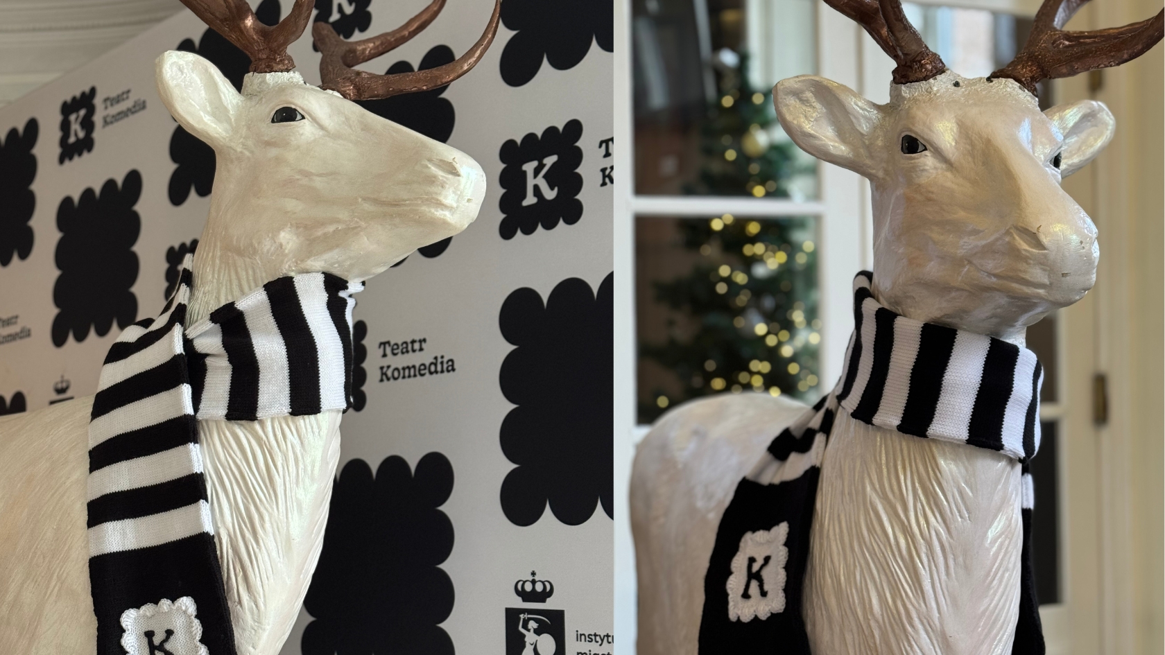 zdjęcie przedstawia figurę jelenia ubraną w szalik - dwa zdjęcia