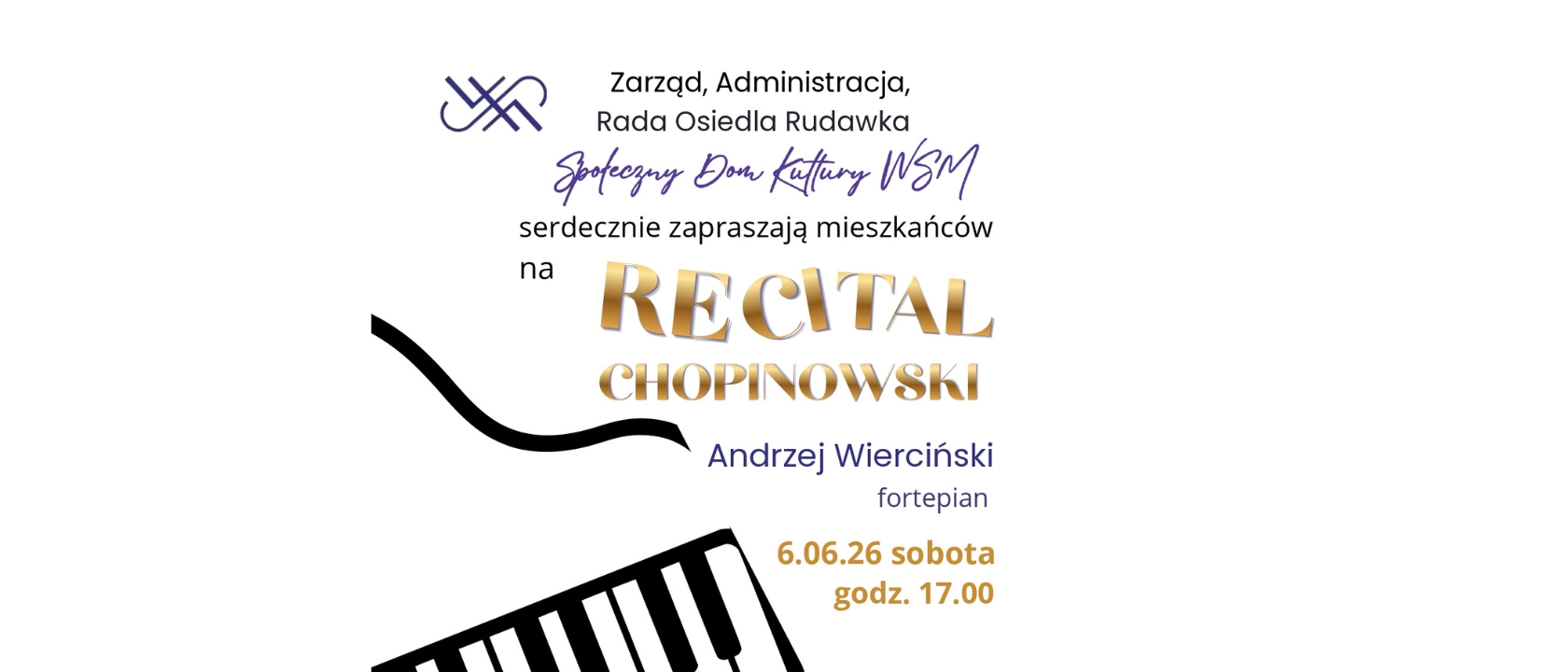 grafika wydarzenia recital chopinowski, widać napisy i grafikę fortepianu